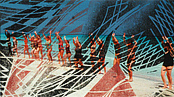 farbige Kombigrafik - Titel: Am Strand