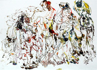 lfarbe und Tusche mit Feder auf Papier